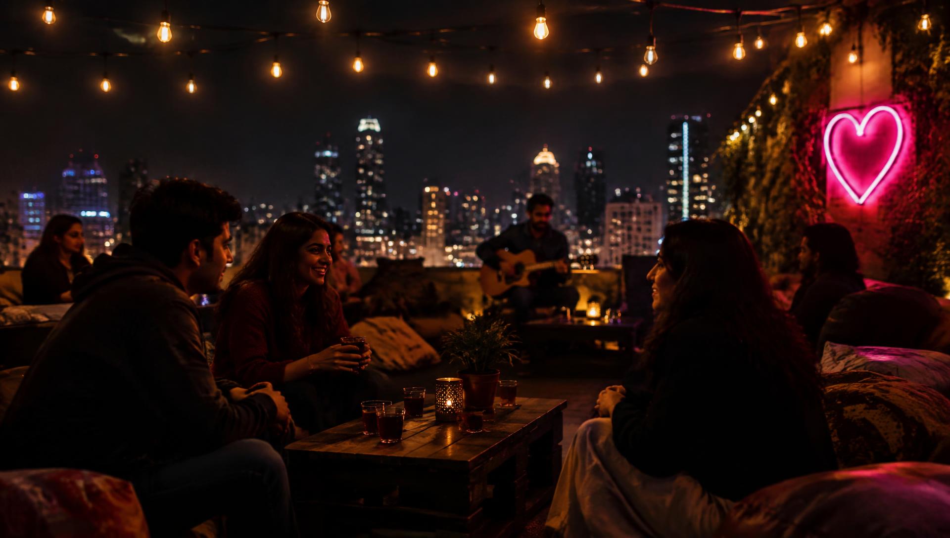 Friends gathered under string lights on the Ishq Cafe rooftop at night